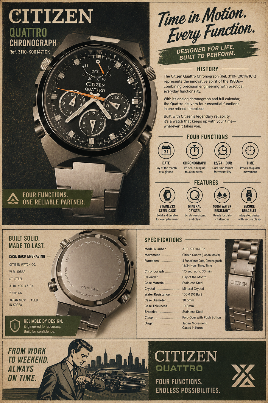 CITIZEN QUATTRO CHRONOGRAPH Ref. 3110-K001471CK “Four Functions. One Distinctive Era.” image 1