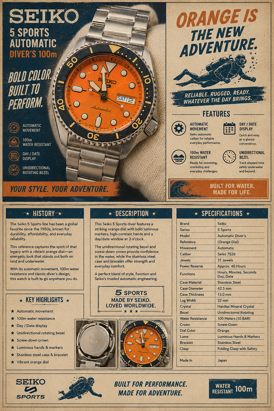 SEIKO 5 SPORTS SRPD59K1 AUTOMATIC Orange Dial Diver Style “Orange Is The New Adventure.” image 1