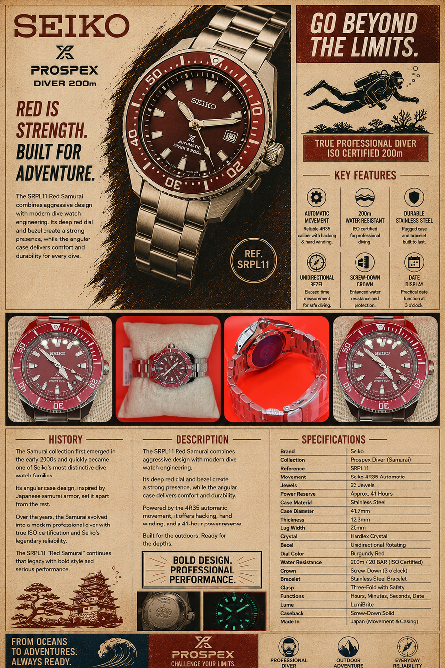 Seiko Prospex Automatic Diver 200m “Red Samurai” Reference: SRPL11 / 4R35 Automatic image 1