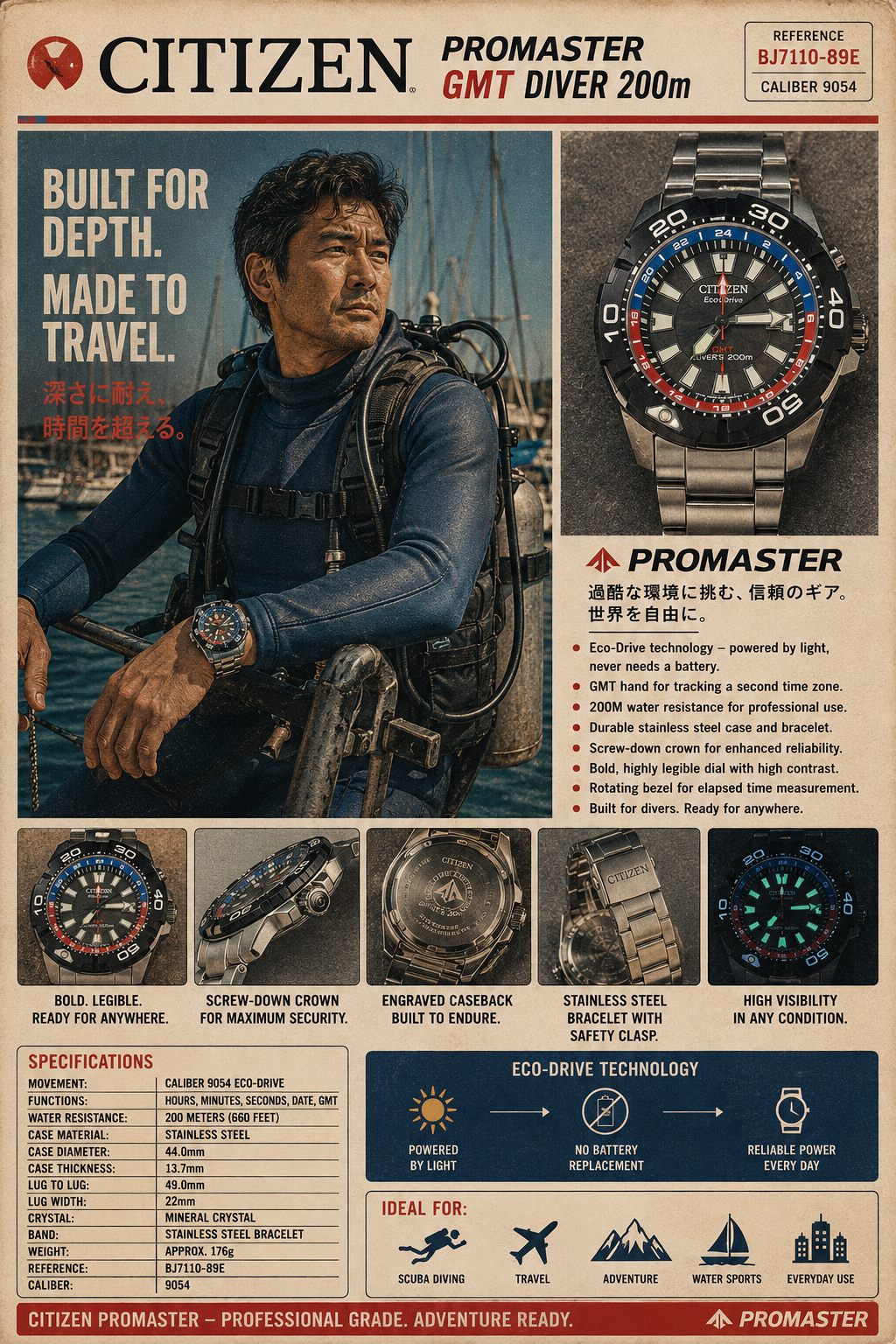 Citizen Promaster Eco-Drive GMT Diver BJ7111-86L — commonly nicknamed the “Promaster GMT Pepsi.”