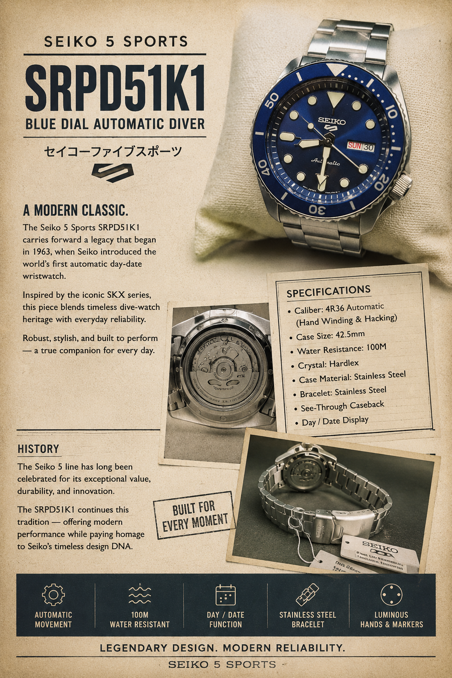 Seiko 5 Sports SRPD51K1 — one of the best-selling Seiko 5 Sports image 1