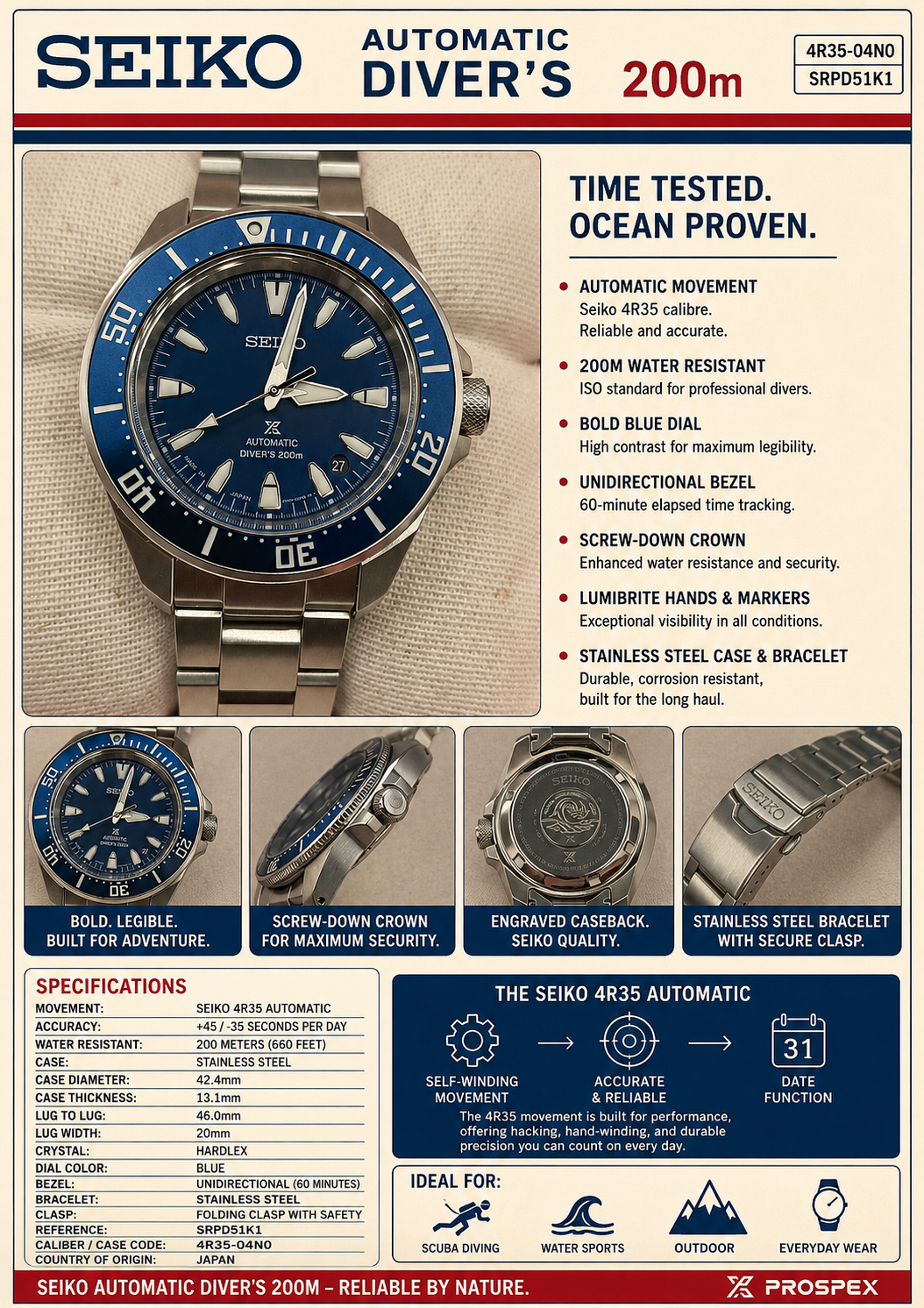 Seiko SRPL51 Prospex Sea Samurai Diver Blue Dial Stainless